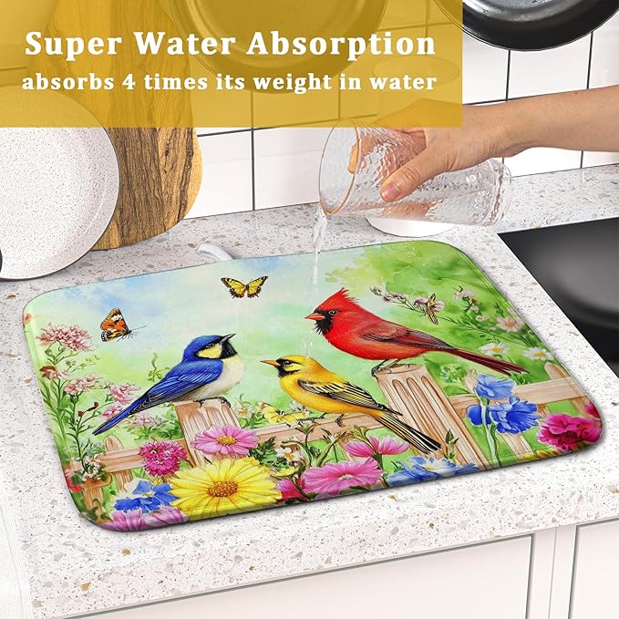 Spring Birds Dish Drying Mats 16x18 Inch,Colorful Flowers Butterfly Absorbent Microfiber Dishes Drainer Rack Mat Tableware Drying Pad for Kitchen Countertop Coffee Bar Sink Decor