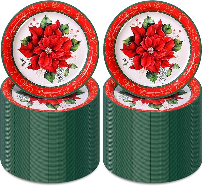 Zhehao 100 Pcs Christmas Paper Plates 9 Inch Disposable Plates Bulk Red and Green Poinsettia Christmas Party Decoration for Xmas Candy Dinner Plate Party Wedding Event Supplies