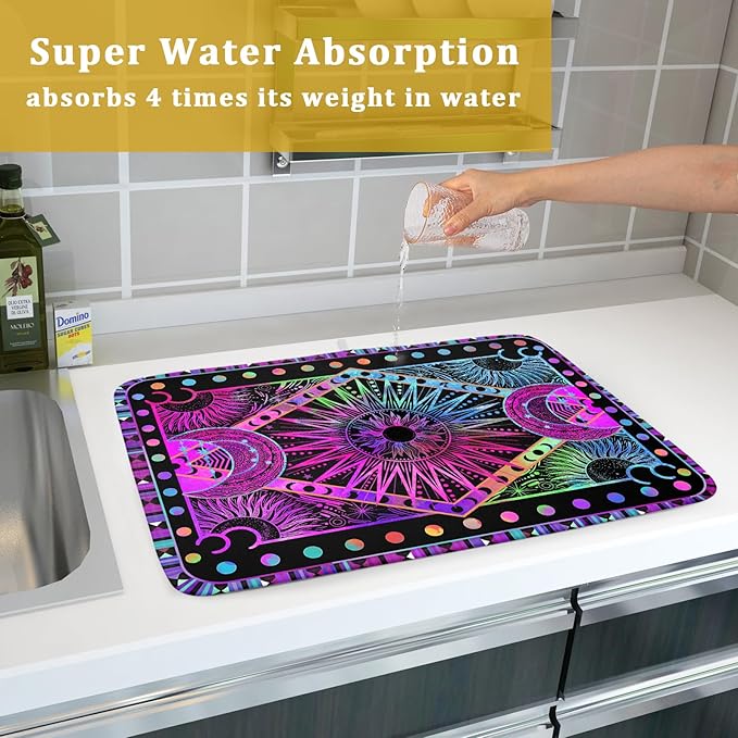 Purple Absorbent Dish Drying Mat Sun and Moon Microfiber Drying Pad for Kitchen Counter Decor Large