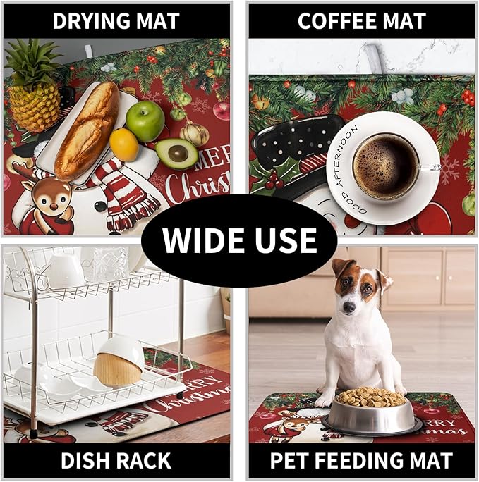 Christmas Dish Drying Mats for Kitchen Counter 18x24 Cute Snowman Red Dish Drying Pad for Dishes Winter Xmas Holiday Dish Draining Mat Absorbent Microfiber Dish Drainer Rack Mats