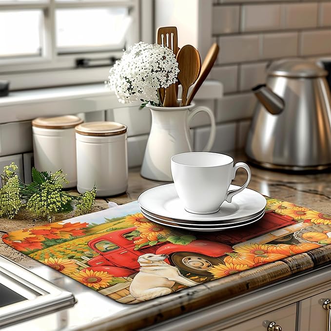 Sunflower Dish Drying Mat Pumpkin Fall Dish Drying Pad Thanksgiving Kitchen Drying Mat Truck Dish Drying Matt Autumn Harvest Dish Drainer Mat 18x24 In Coffee Maker Mats