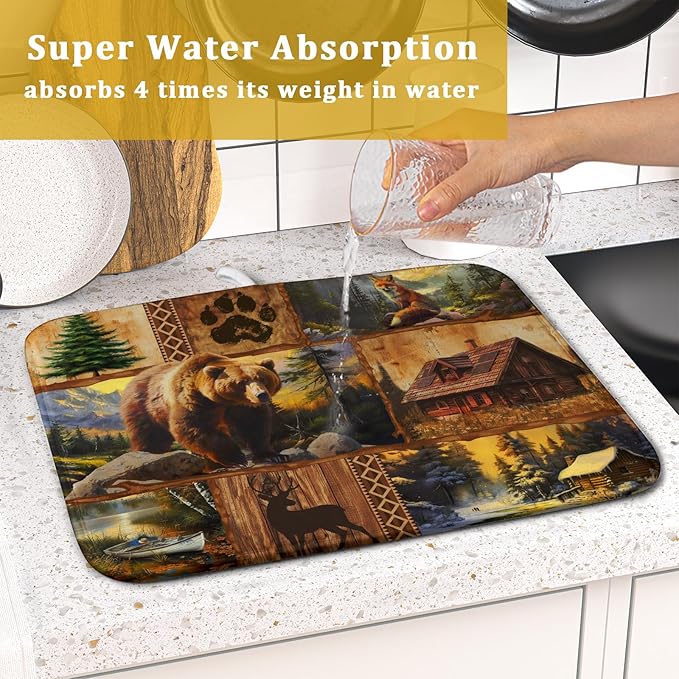 Bear Deer Fox Dish Drying Mat Rustic Cabin Lodge Dish Drainer Mats 16x18 Inch Absorbent Washable Dishes Rack Pad for Sink Kitchen Counter