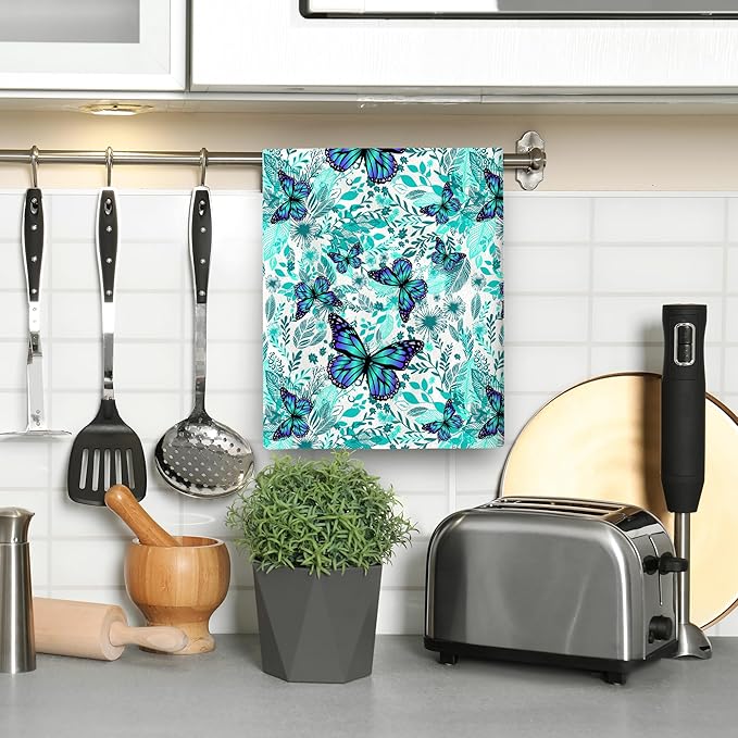 Butterfly Green Kitchen Towels Decorative Set of 2, Soft Absorbent Botanic Dish Towels for Kitchen, Bar Tea Towels Hand Towels for Bathroom Farmhouse Spring Summer Decor