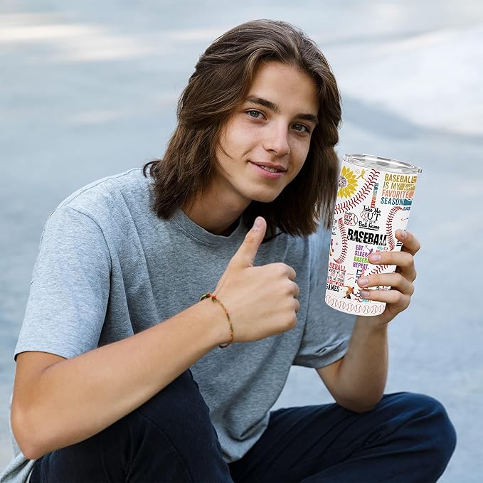 Baseball Tumbler Cup With Lid - Lover Birthday Gifts, Stainless Steel Vacuum Coffee Mug for Women Men, 20 Oz