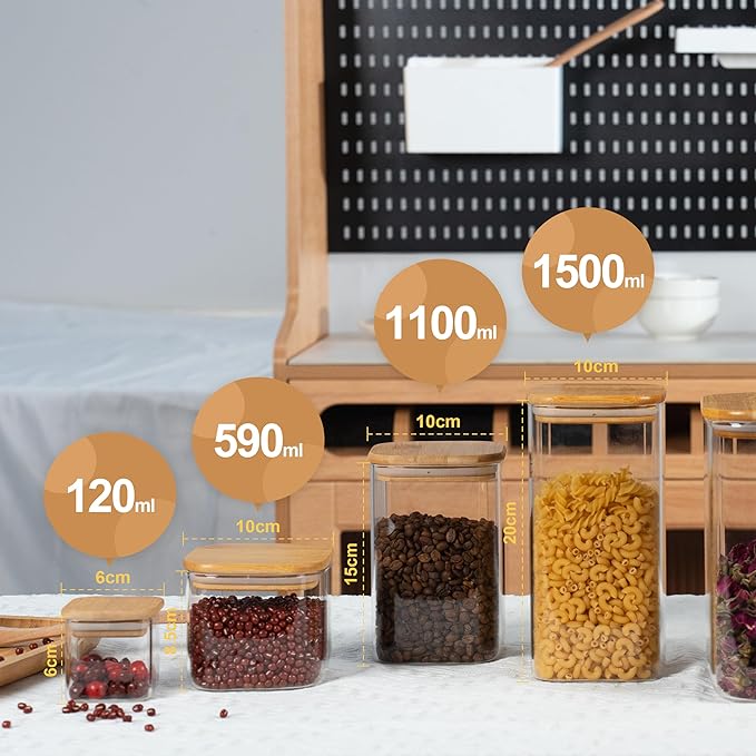 22oz Airtight Square Spice Containers with Bamboo Lid Set of 6 (650ml) Kitchen Pantry Organization Jar Stackable Spice Jar, for Sugar, Tea, Cookies and Coffee beans (with Black Lable)