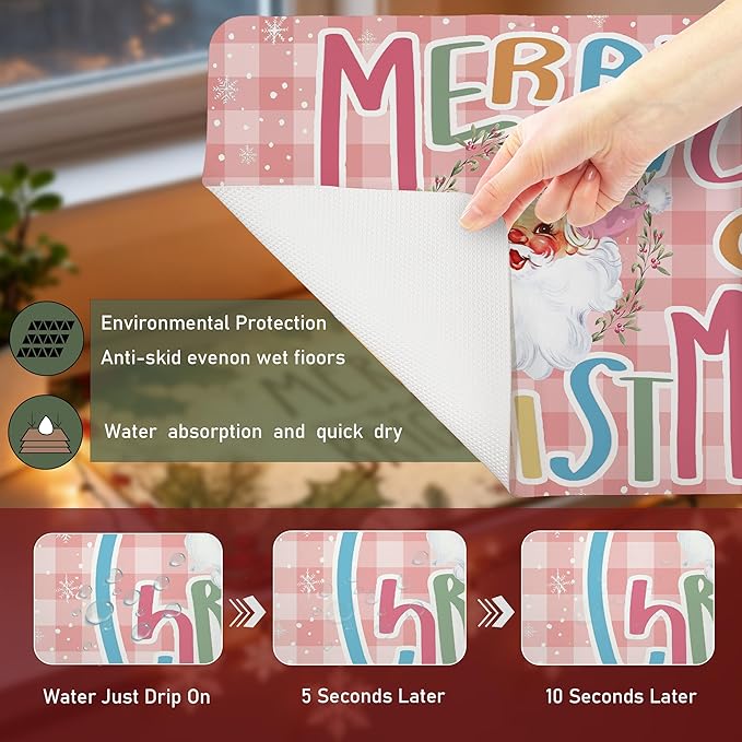 Pink Plaid Christmas Santa Dish Drying Mat, Winter Merry Christmas Coffee Bar Mat for Countertops, Preppy Santa Xmas Absorbent Dish Drying Mats for Kitchen Counter Coffee Maker, 16x24 Inch