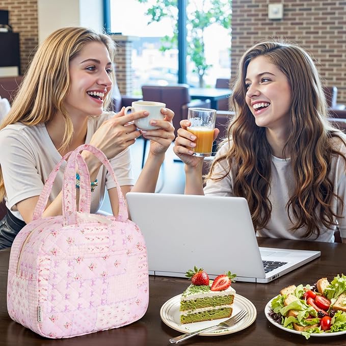 Quilted Lunch Box for Women,Insulated Cute Reusable Lunch Bag with Front Pocket,Pink Flower Stylish Lunch Tote Bag for Work, Office,Picnic, Travel,School (purple pin)