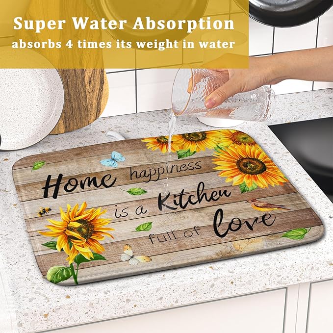 Sunflower Floral Dish Drying Mat for Kitchen Countertop 16x18 inch Rustic Wood Washable Microfiber Absorbent Dishes Drainer Rack Pad