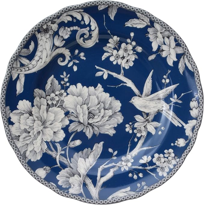 222 Fifth Adelaide 16-Piece Dark Blue Porcelain Dinnerware Set – Service for 4, Plate, Bowl & Mug Set, Bird & Floral Design, for Everyday Dining & Entertainment, Microwave & Dishwasher Safe