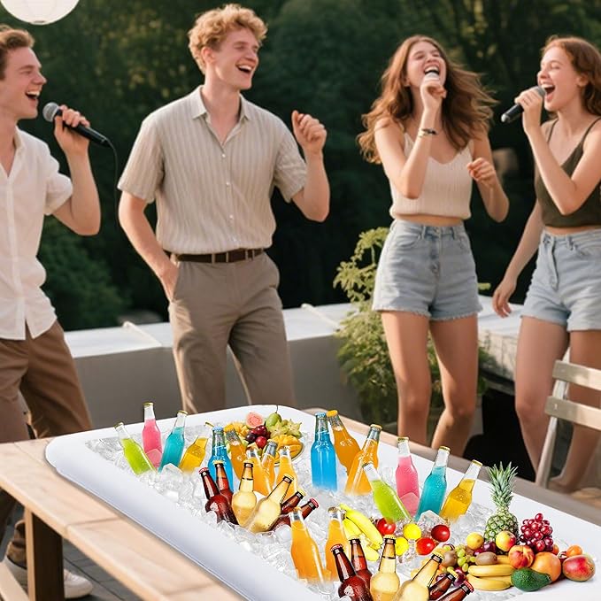2 Packs Inflatable Ice Serving Trays, 51"x25"x4.5" Oversized PVC Inflatable Salad Serving Bars Ice Cooler with Drain Plug, Blow Up Food Drink Chilling Container for Buffet BBQ Pool Parties