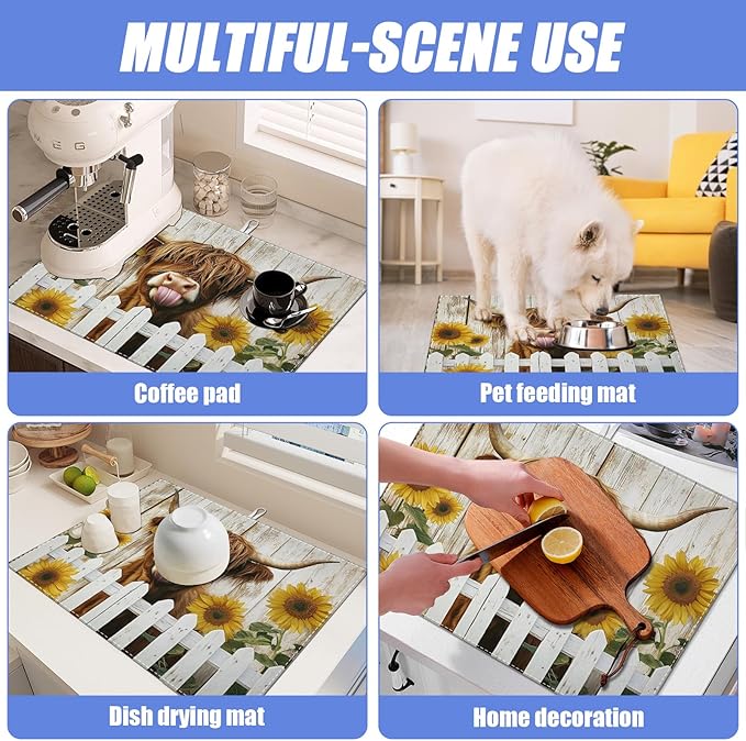 Sunflower Highland Cow Dish Drying Mat for Kitchen Counter Drying Pad Absorbent Reversible Dish Drainer Rack Mats Draining Pad 18"x24"Inch