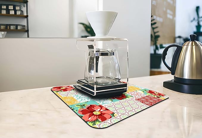 Rubber Dish Drying Mat for Kitchen Counter Large Boho Flowers Washable Quick Home Coffee Pad Fit Under Sink,Bar,Utensils 16x18in