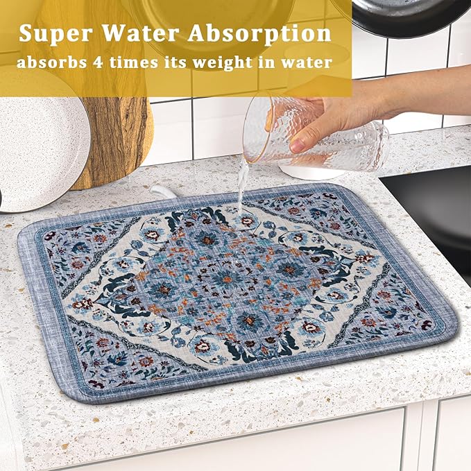 Boho Flower Dish Drying Mat Blue Bohemian Dishes Drainer Rack Mat 16x18 Inch Microfiber Kitchen Drying Pad for Countertop Tableware Decor