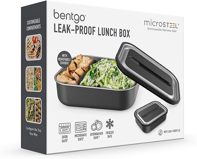 Bentgo MicroSteel Leak-Proof Lunch Box - Microwave-Safe, Oven-Safe, Bento-Style Container with Removable Divider, Airtight Lid, Sustainable Design, Odor & Stain Resistant (Carbon Black)