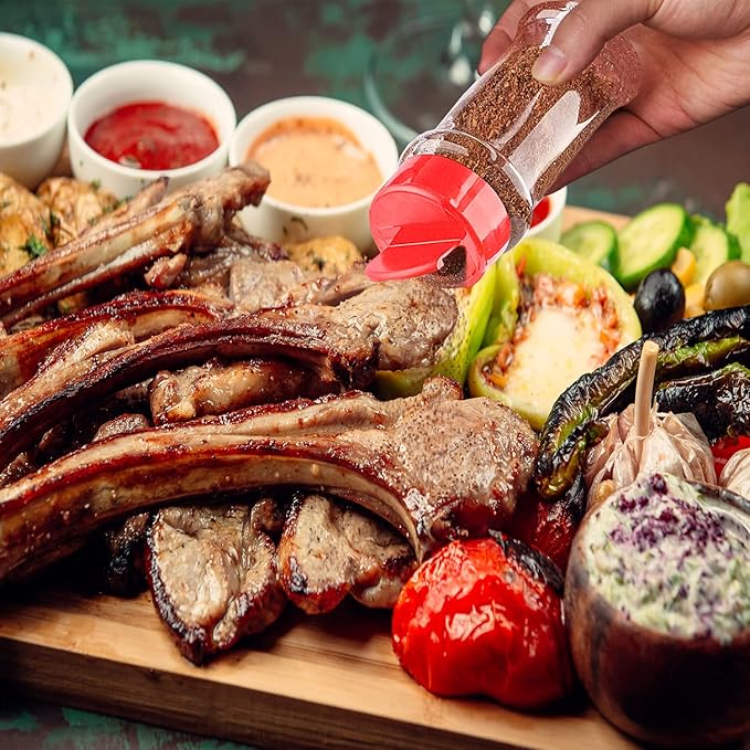 RoyalHouse 12 Pack 5.5 Oz Plastic Spice Jars with Red Cap, Clear and Safe Plastic Bottle Containers with Shaker Lids for Storing Spice, Herbs and Seasoning Powders, BPA Free, Made in USA