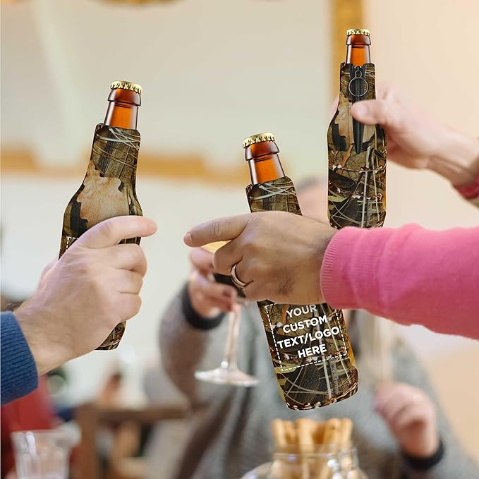 10 Neoprene Zippered Beer Bottle Coolies Pack - Customizable Text, Logo - Sharkskin Rubber Bottom - Camo4