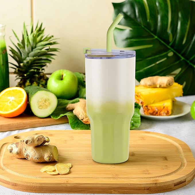 VEGOND 30 oz Insulated Stainless Steel Tumblers with lid and straw Bulk Pack Coffee Mug with Non-Slip Silicone Base, Sweat Proof Powder Coated Cup for Hot Cold Drinks, Green and Yellow 4Pack