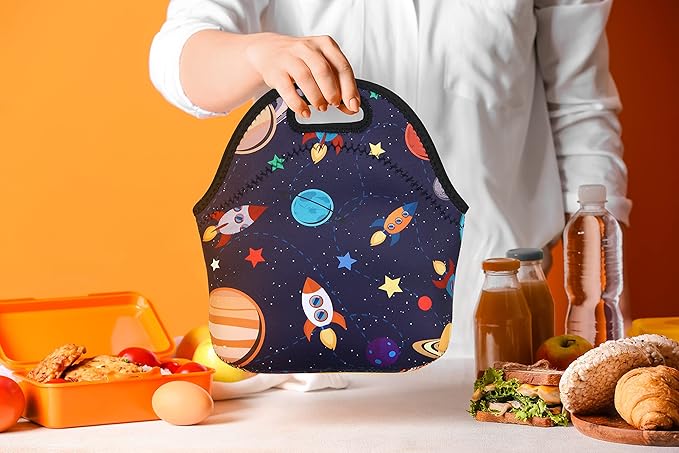 Violet Mist Women's Reusable Neoprene Lunch Bag, Space Rocket, Unisex, 11.4"L x 10.43"H x 5.51"W, 8.7 inches, fits containers up to 7"W