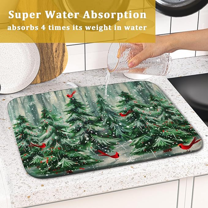 Winter Pine Tree Dish Drying Mat Red Bird Berry Dishes Drainer Mats Absorbent Microfiber Kitchen Counter Protector Drying Mats 16x18 Inch