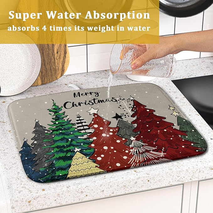 Christmas Trees Dish Drying Mat Winter Holiday Kitchen Dishes Pad 16x18 Inch Absorbent Reversible Fast Dry Draining Rack Pad for Countertop