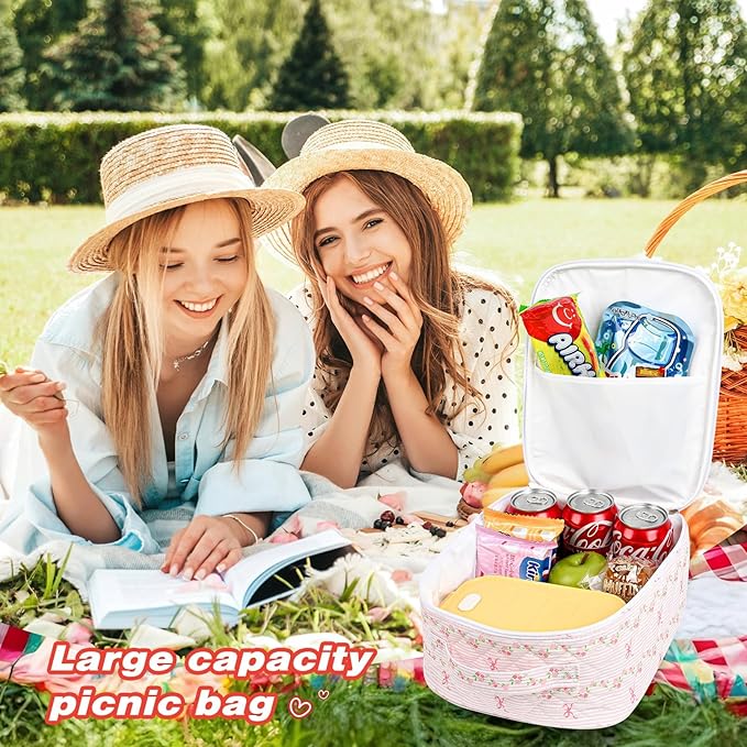 Aileam Lunch Box Lunch Bag for Women Cute Girls Insulated Womens Lunch Bag For Work Quilted Large Capacity Reusable Insulated Cooler for Work Picnic Travel Pink Bow Flower