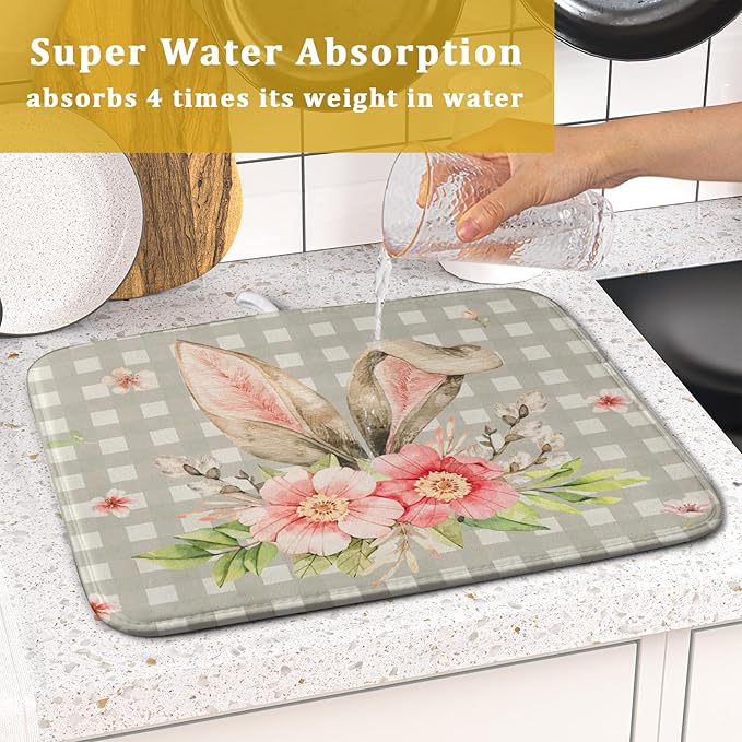 Spring Easter Dish Drying Mats for Kitchen Counter 16×18 Inch Cute Bunny Flowers Small Microfiber Drying Mat Kitchen Accessories Dish Rack Mat Drainer Pad Washable Absorbent