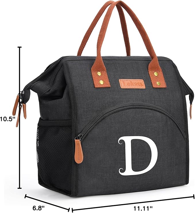 Personalized Insulated Lunch Box for Women, Initial Reusable Lunch Bag, Black - D