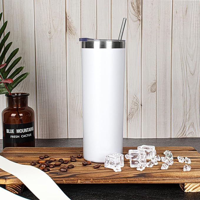 20 oz Skinny Tumblers with Lid and Straw,Stainless Steel Vacuum Insulated Tumbler Cup Double Wall Travel Coffee Mug, Thermal Water Tumbler for Hot and Cold Drinks(White,8)