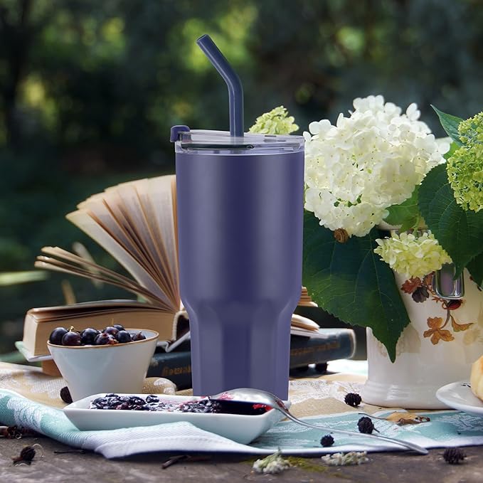 VEGOND 30 oz Insulated Stainless Steel Tumbler with lid and straw Double Wall Vacuum Travel Coffee Mug with Non-Slip Silicone Base, Sweat Proof Powder Coated Cup for Hot Cold Drinks, Navy