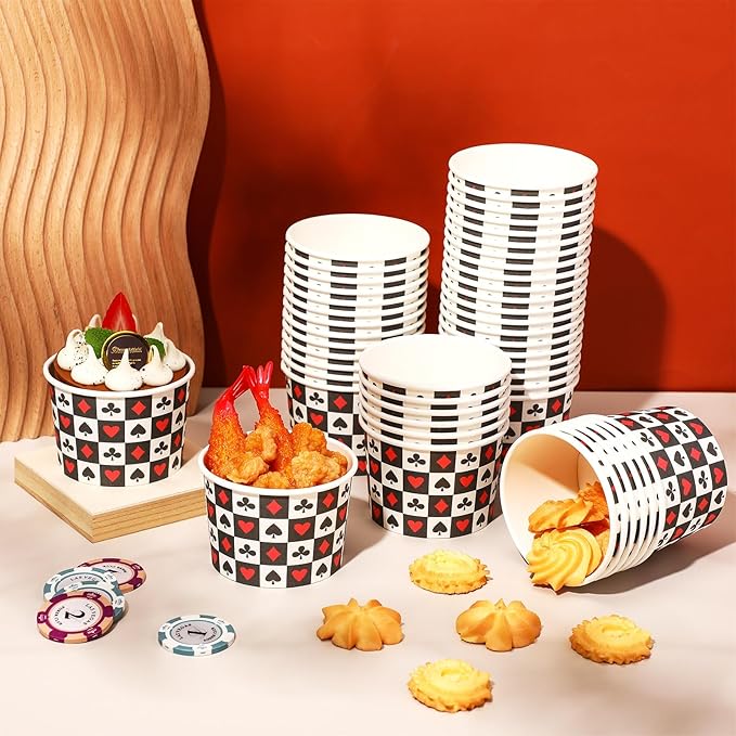50 Pack Casino Ice Cream Cups 9 oz Poker Disposable Dessert Bowls Paper Soup Bowls Playing Card Snack Cups for Hot or Cold Food for Las Vegas Game Night Casino Birthday Party Supplies
