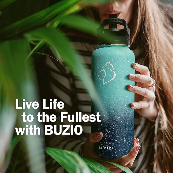BUZIO 40 oz Water Bottle Insulated with Straw & 3 lid and Carrying Pouch, Leak Proof Anti-Slip Stainless Steel Water Flask Jug, Cold for 48 Hrs Double Vacuum Thermo Canteen, BPA-Free, Starry Pacific