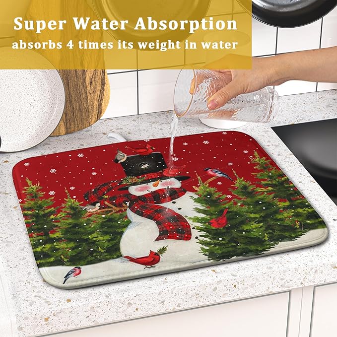 Christmas Tree Snowman Dish Drying Mats for Kitchen Counter 16×18 Inch Bird Snowflake Small Microfiber Drying Mat Kitchen Accessories Dish Rack Mat Drainer Pad Washable Absorbent