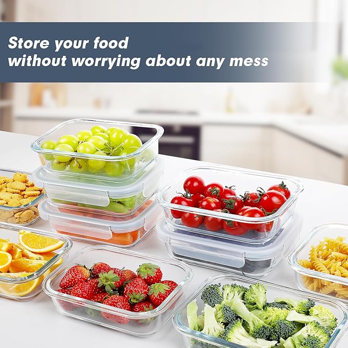 BAYZZ Glass Meal Prep Containers, 10 Packs 22 oz Glass Food Storage Containers with Lids, Airtight Lunch Box, Microwave,Freezer,Dishwasher Safe