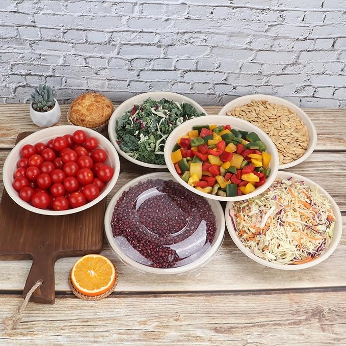 24 oz Round Disposable salad bowls with lids, Sugarcane Fiber Paper Bowls take away food containers Plant Fibers Freezer Safe 50 Pack