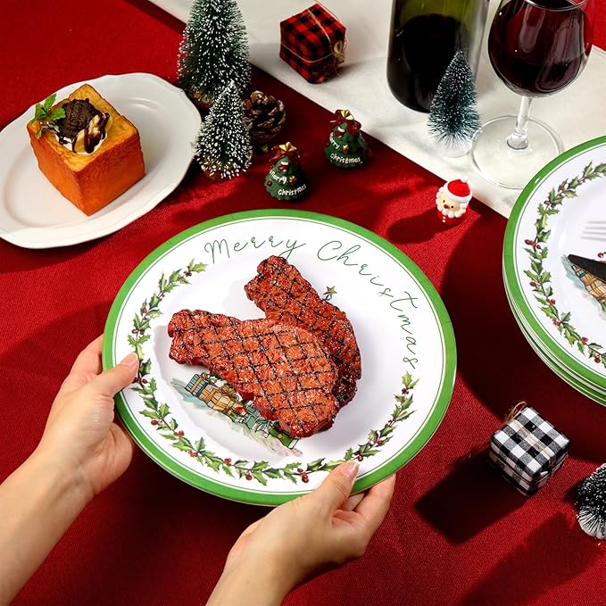 6 Pcs Christmas Dinner Plates Xmas Tree Melamine Dinnerware Green Plates Xmas Wreath Dishes Holiday Tableware for Dessert Salad Appetizer Birthday Party(Christmas Tree,10 Inches)