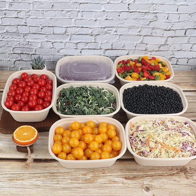 44 oz Disposable salad bowls with lids, Sugarcane Fiber Paper Bowls take away Bagasse food containers meal prep deli container 50 Pack