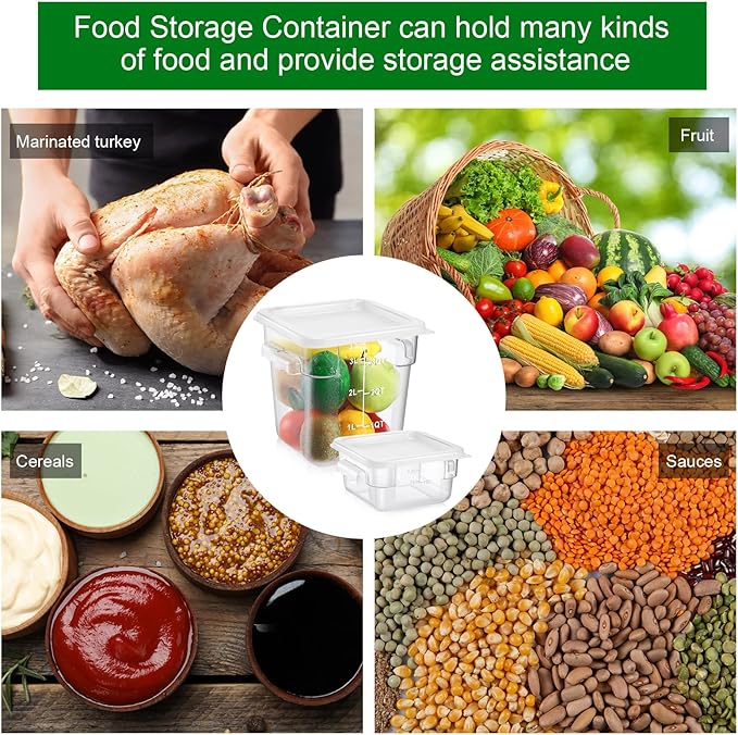 2 Pieces Square Food Storage Containers Polycarbonate Clear food Container with Lid Commercial Storage with Graduations for Commercial Kitchen Dough Marinating Meat (White,2 Qt,4 Qt)