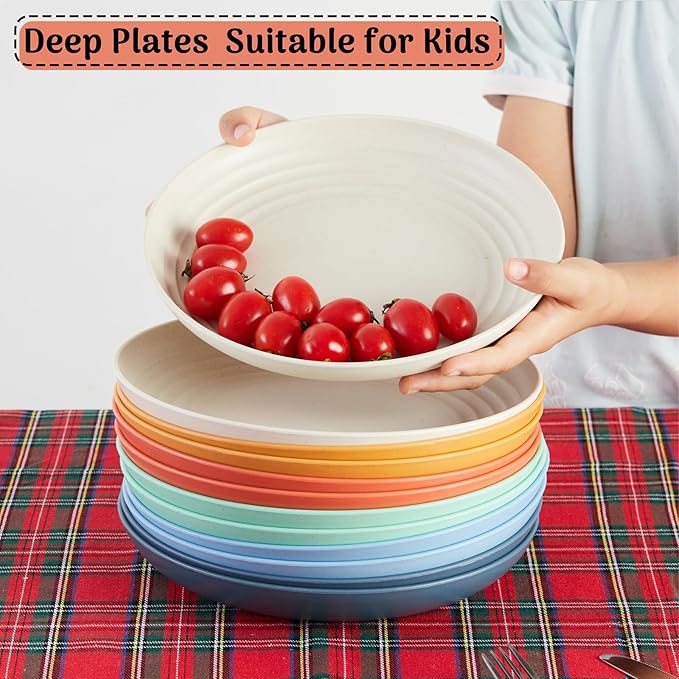 12PCS Unbreakable Dinner Plates, Dishwasher & Microwave Safe Plastic Plates Reusable, Lightweight Wheat Straw Plates for kitchen (Dopamine, 10 IN)