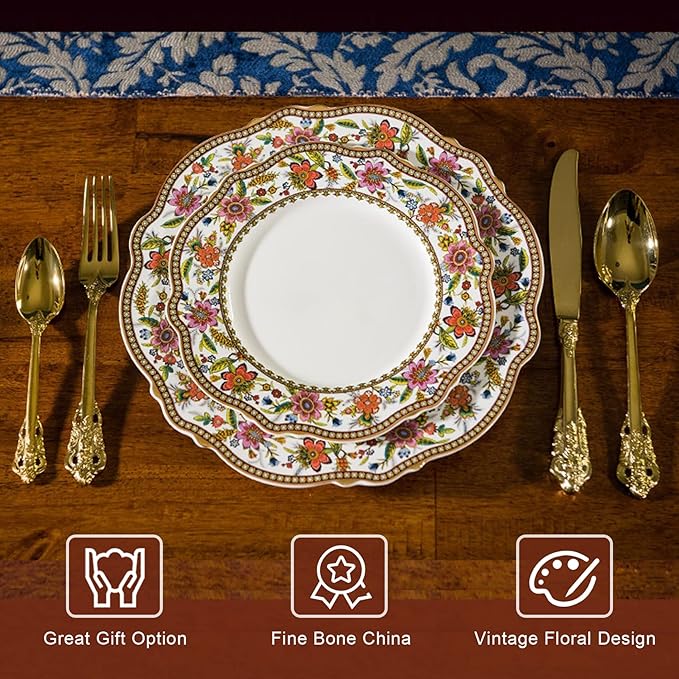 ACMLIFE Bone China Dinnerware Set for 4, 12-Piece Vintage Floral Dinnerware Set, Kitchen Plates and Bowls Set, Christmas Gifts for Women (Pink)