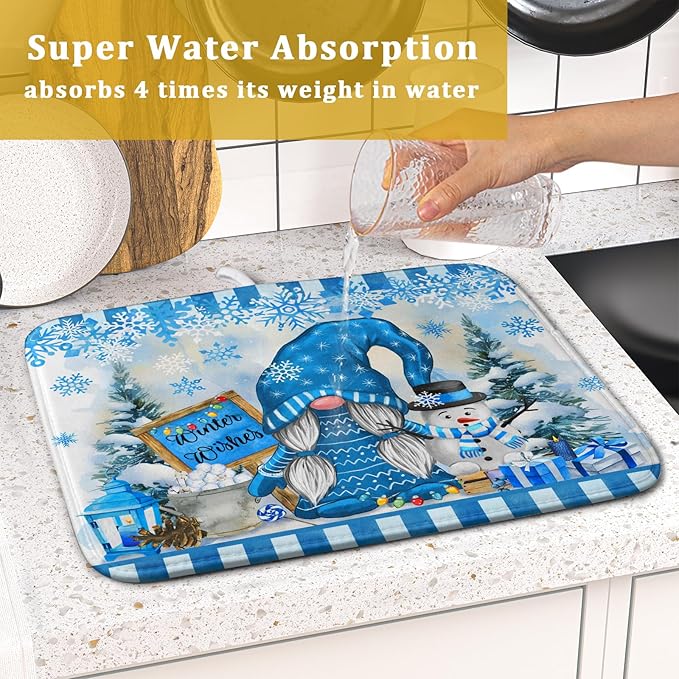 Winter Christmas Gnomes Dish Drying Mat 16x18 for Kitchen Counter Snowman Xmas Gift Tree Snowflake Large Absorbent Microfiber Fast Dry Dishes Draining Mats Holiday Kitchen Decor