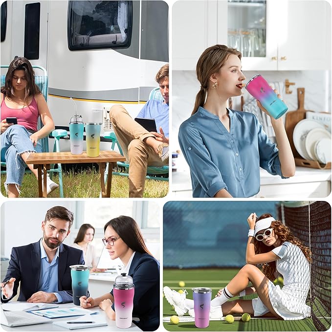 20Oz Insulated Tumbler With Straw And Lid, Stainless Steel Coffee Cup, Double Wall Vacuum Travel Mug,Spill proof Iced Coffee Tumbler,Outside Use, Blue white