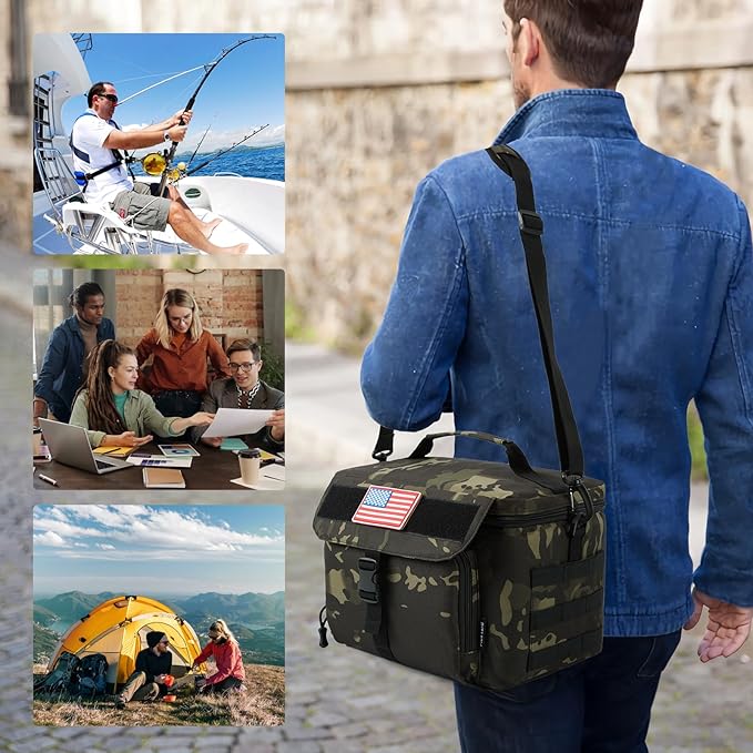 Ronyes Tactical Lunch Box for Men,Large Insulated Lunch Bag with Shoulder Strap,Heavy Duty lunchbox Cooler MOLLE Webbing, Leakproof Pail for Work Camping Fishing-Camo Black