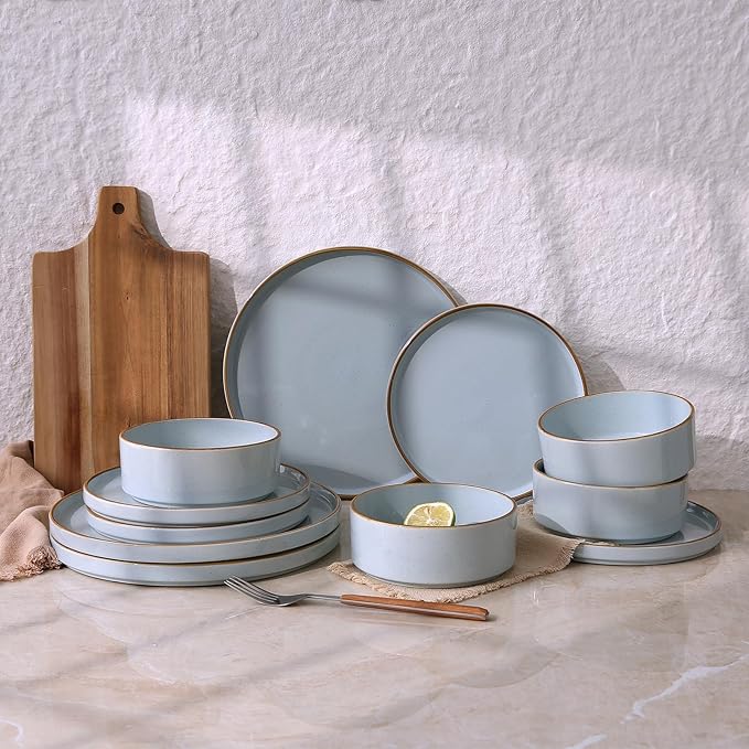 Famiware Nebula Plates and Bowls Sets for 4, 12 Pieces Stoneware Dinnerware Set, Microwave and Dishwasher Safe Dishes Set, Light Blue with Brown Rim
