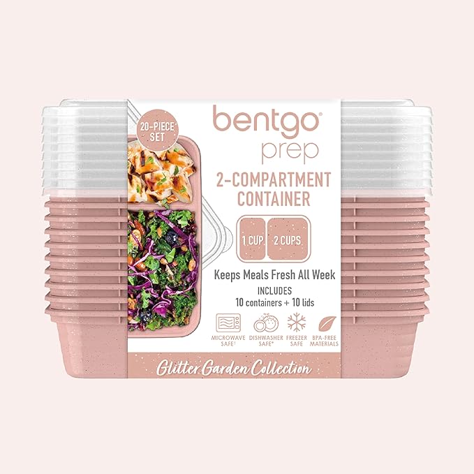 Bentgo Prep - 20-Piece 2-Compartment Reusable Meal Prep Containers with Lids, PFAS & BPA Free Materials, Durable, Microwave, Freezer, & Dishwasher Safe To Go Food Storage (Sweet Pea Glitter)