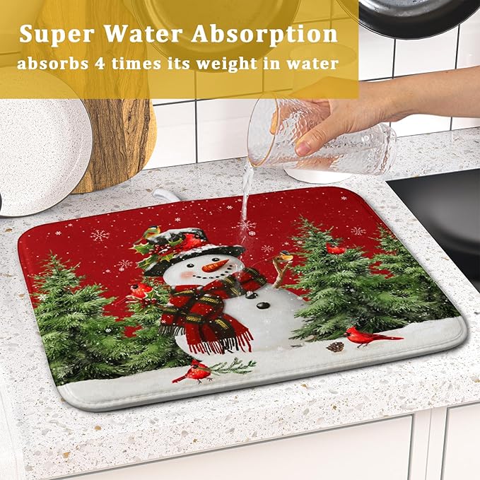 Christmas Dish Drying Mat for Kitchen Counter Snowman Green Christmas Tree Microfiber Absorbent Dish Draining Reusable Washable Foldable 16"x18"
