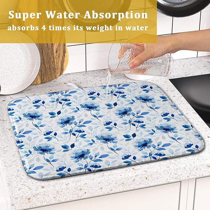Blue Floral Dish Drying Mat 16x18 inch Flower Leaves Dish Rack Pad Microfiber Washable Dishes Drainer Pad Kitchen Countertop Accessories