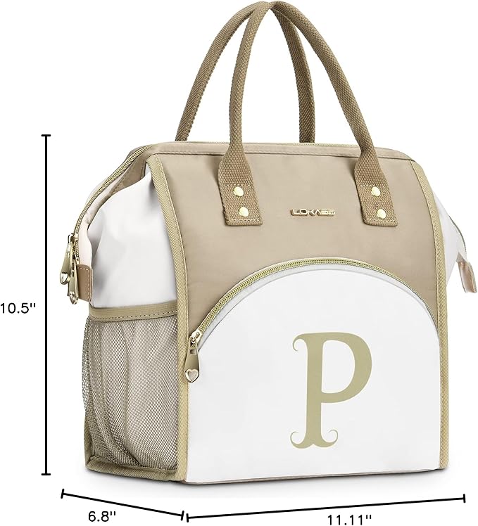 Personalized Lunch Box for Women, Reusable Insulated Lunch Bag, Wide-Open Adult Lunchbox Cooler Lunchbag Snack Organizer, Initial Leakproof Lunch Tote Bag for Picnic Work Outdoors, P