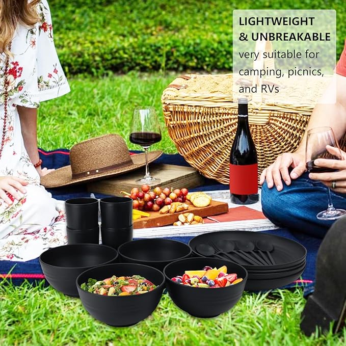 28-Piece Wheat Straw Dinnerware Sets, Microwave & Dishwasher Safe Unbreakable Dinnerware Set, Reusable Dishware Sets, Lightweight Camping Dishes, Plates, Cups, Cereal Bowls for 4οΌBlackοΌ