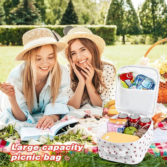 Aileam Lunch Box Lunch Bag for Women Cute Girls Insulated Womens Lunch Bag For Work Quilted Large Capacity Reusable Insulated Cooler for Work Picnic Travel Little Red Cherries