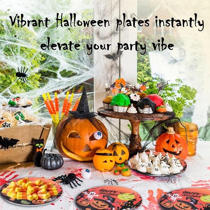 10-Inch Halloween Melamine Dinner Plates, 12-Piece Dishes Set, Lightweight & Stackable for Holidays& Decor Party plates, Ideal for Salad,Dessert,Fruit and Cakes-Halloween Pattern